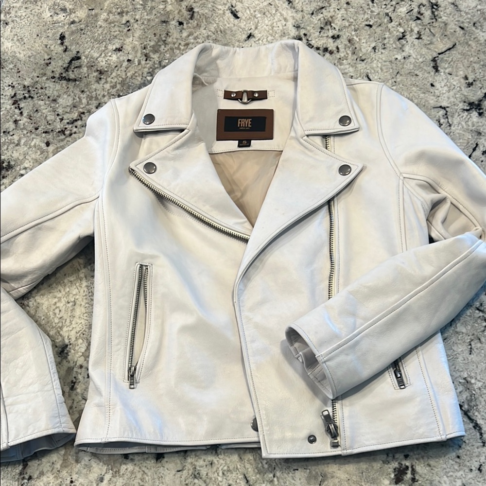 Frye White Leather Motorcycle Jacket ‘Split Biker Leather’